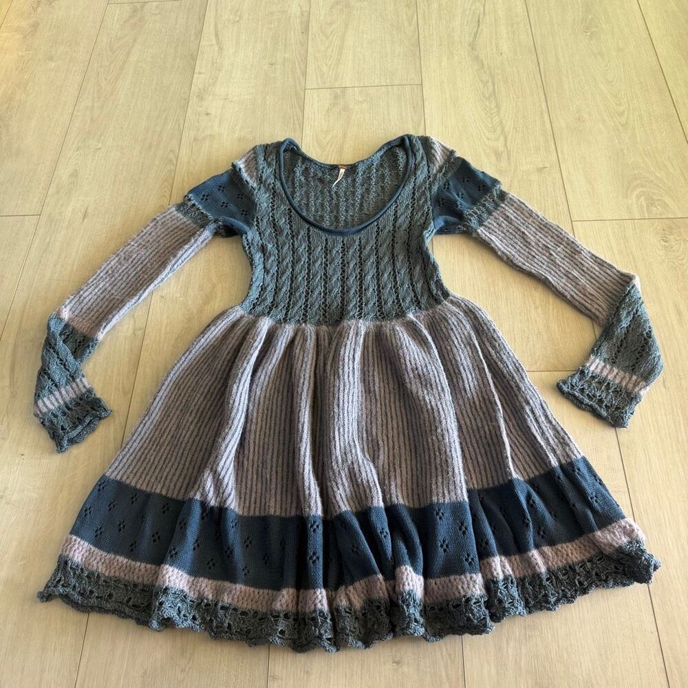 Free People Claudia Patchwork Baby Doll Mini Long Sleeve Soft Knit Sweater Dress